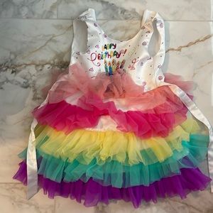Birthday dress with rainbow ruffles, zip up back- smooth non itchy material